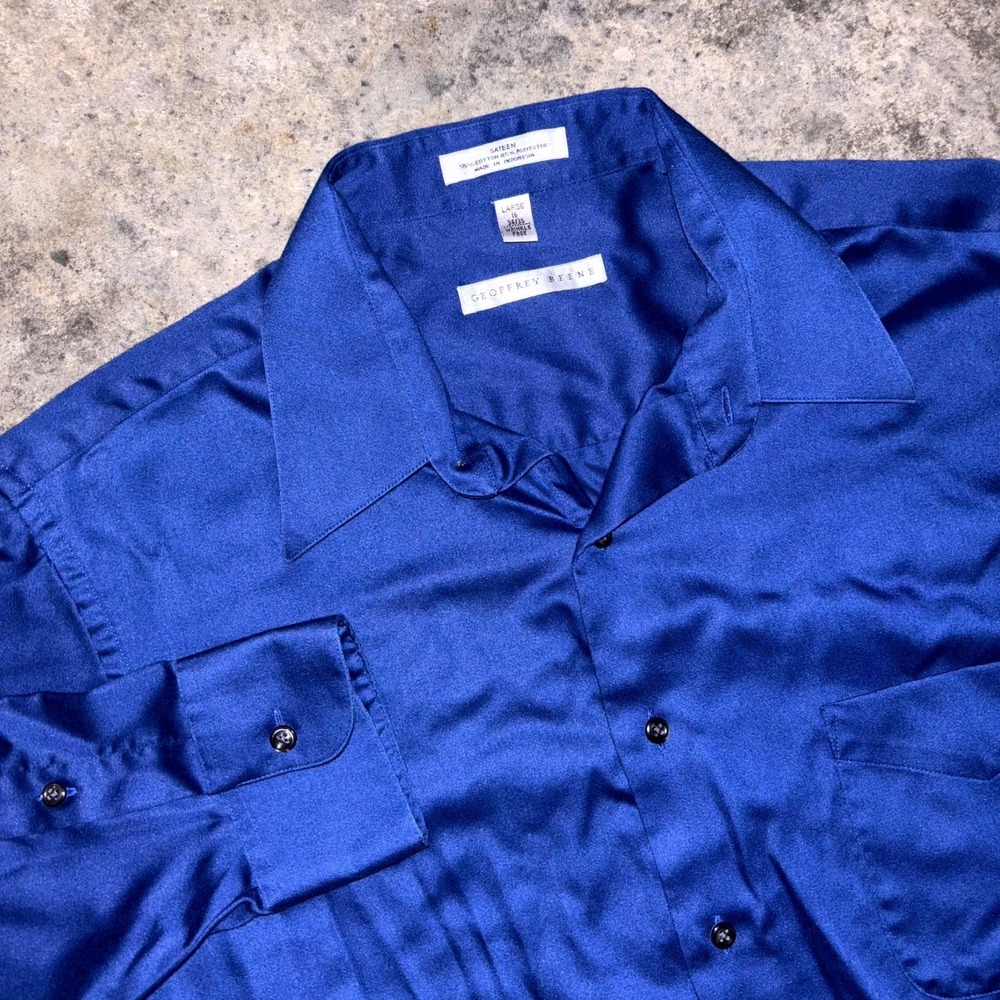 Geoffrey Beene Dress Shirt Mens L 16-34/35 Blue Sateen Long Sleeve Wrinkle Free